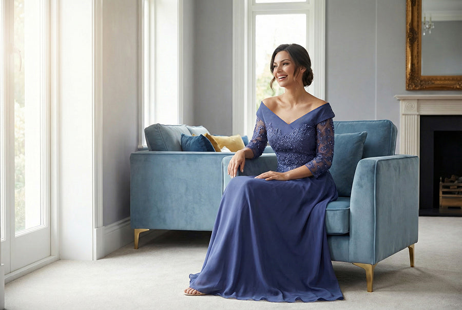 K288068 | Striking A-line Jade Tiffany Chiffon Gown with Portrait Collar Neckline and Beaded Embroidery Lace Bodice and Quarter Sleeves