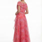 K288070 | Romantic Heather Print Organza A-line Gown with Portrait Neckline and Flower Accent Waistline with Cascading Ruffles
