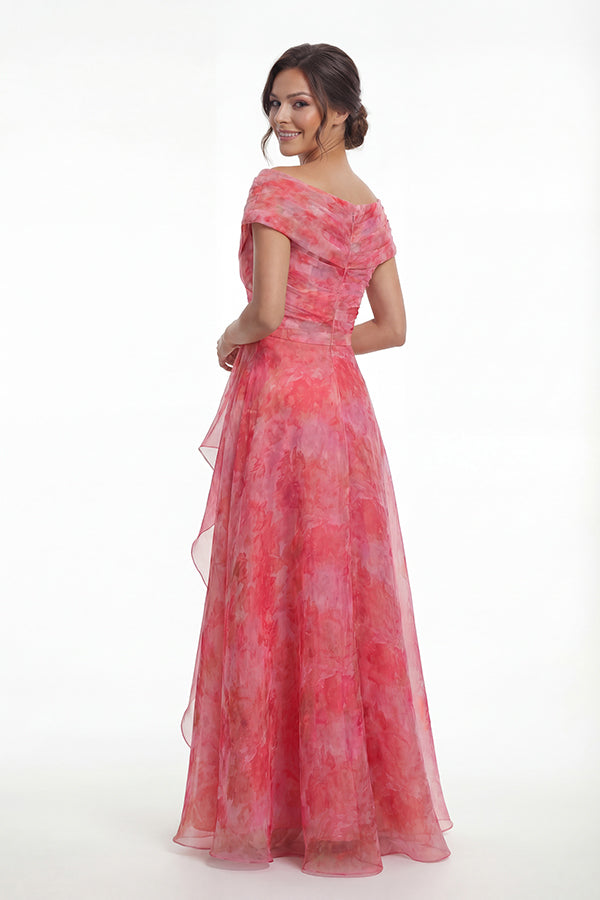 K288070 | Romantic Heather Print Organza A-line Gown with Portrait Neckline and Flower Accent Waistline with Cascading Ruffles