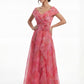 K288070 | Romantic Heather Print Organza A-line Gown with Portrait Neckline and Flower Accent Waistline with Cascading Ruffles