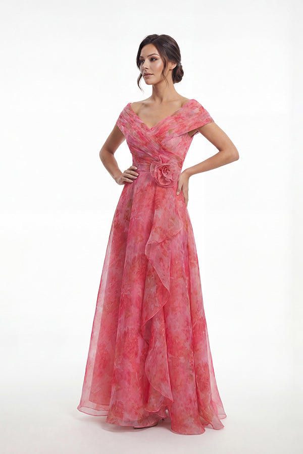K288070 | Romantic Heather Print Organza A-line Gown with Portrait Neckline and Flower Accent Waistline with Cascading Ruffles