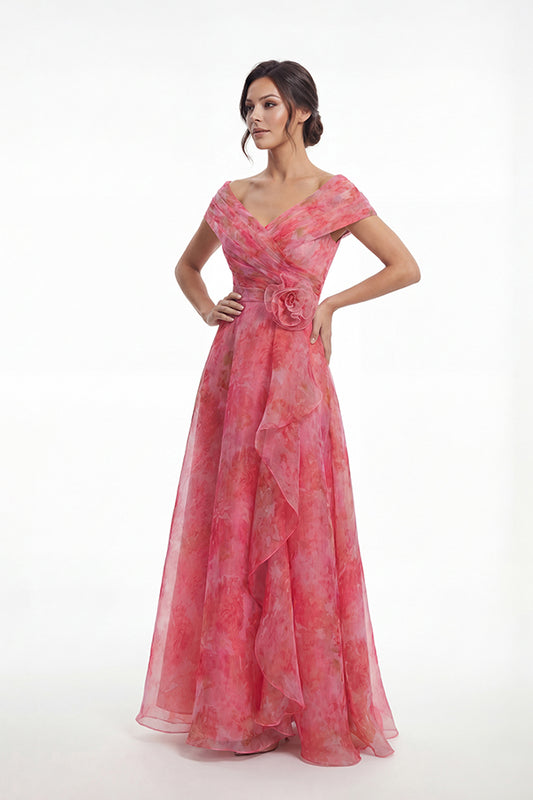 K288070 | Romantic Heather Print Organza A-line Gown with Portrait Neckline and Flower Accent Waistline with Cascading Ruffles