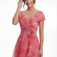 K288070 | Romantic Heather Print Organza A-line Gown with Portrait Neckline and Flower Accent Waistline with Cascading Ruffles