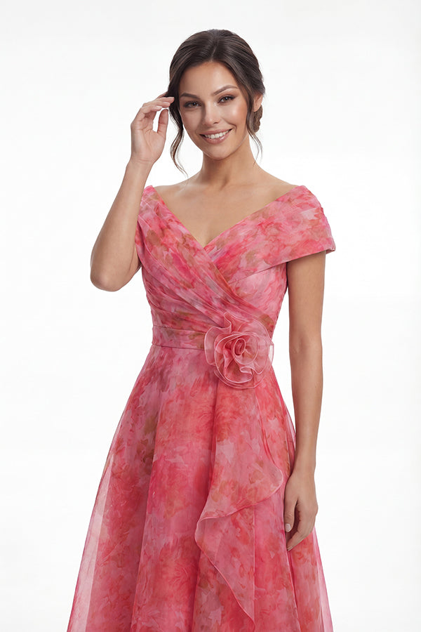 K288070 | Romantic Heather Print Organza A-line Gown with Portrait Neckline and Flower Accent Waistline with Cascading Ruffles