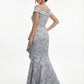 K288071 | Striking Gail Jacquard Fit and Flare Gown with Off The Shoulder Portrait Neckline and Side Gathers
