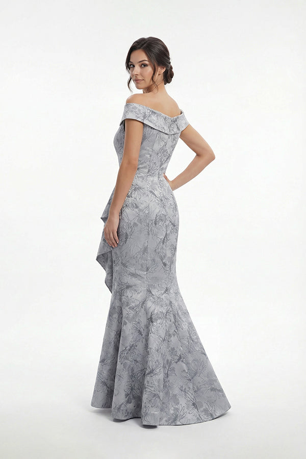 K288071 | Striking Gail Jacquard Fit and Flare Gown with Off The Shoulder Portrait Neckline and Side Gathers