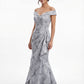 K288071 | Striking Gail Jacquard Fit and Flare Gown with Off The Shoulder Portrait Neckline and Side Gathers