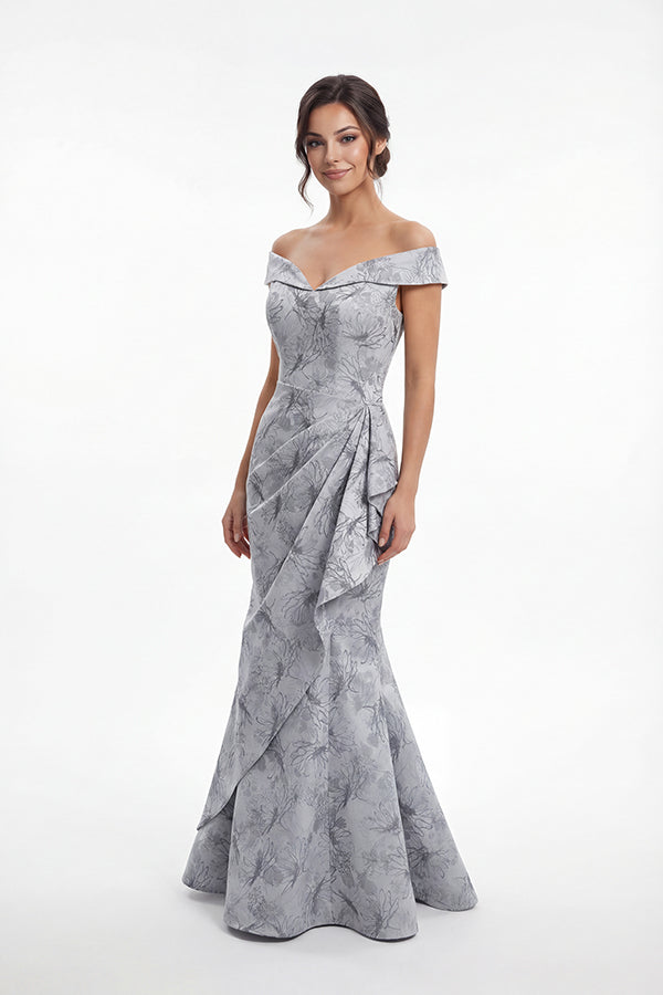 K288071 | Striking Gail Jacquard Fit and Flare Gown with Off The Shoulder Portrait Neckline and Side Gathers