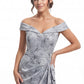 K288071 | Striking Gail Jacquard Fit and Flare Gown with Off The Shoulder Portrait Neckline and Side Gathers