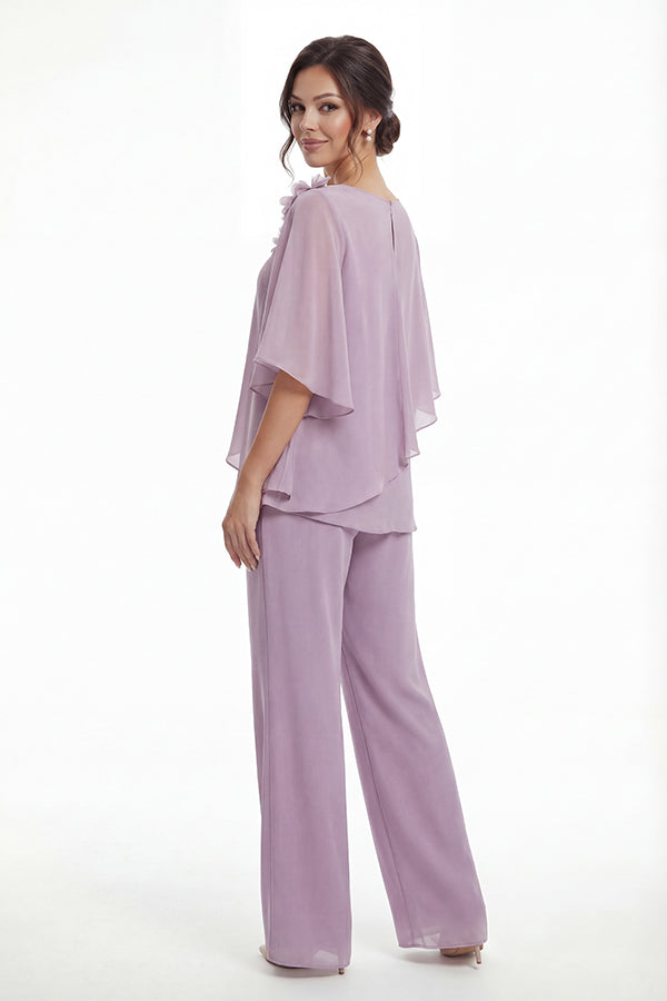 K288072 | Fresh Jade Chiffon Two Piece Pant Suit with Boat Neckline and Angled Ruffle Design with Beaded Shoulder Flower