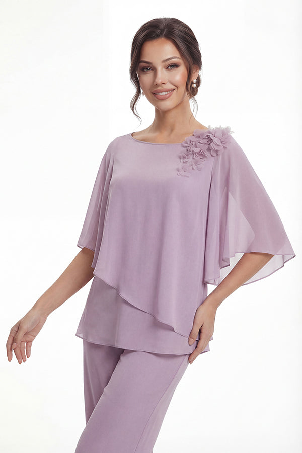 K288072 | Fresh Jade Chiffon Two Piece Pant Suit with Boat Neckline and Angled Ruffle Design with Beaded Shoulder Flower