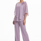 K288072 | Fresh Jade Chiffon Two Piece Pant Suit with Boat Neckline and Angled Ruffle Design with Beaded Shoulder Flower