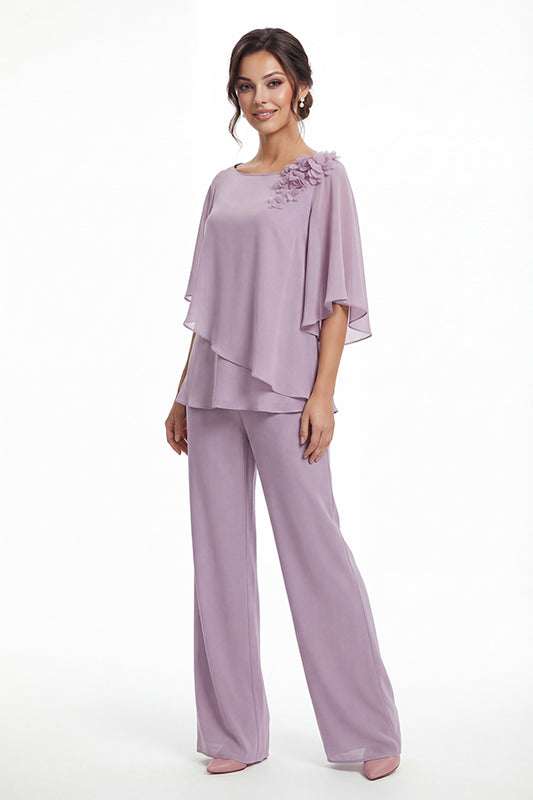 K288072 | Fresh Jade Chiffon Two Piece Pant Suit with Boat Neckline and Angled Ruffle Design with Beaded Shoulder Flower