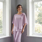 K288072 | Fresh Jade Chiffon Two Piece Pant Suit with Boat Neckline and Angled Ruffle Design with Beaded Shoulder Flower