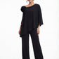 K288073 | Chic Stretch Soft Crepe Two Piece Pant Suit with Asymmetrical Neckline and Shoulder Flower