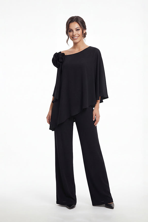 K288073 | Chic Stretch Soft Crepe Two Piece Pant Suit with Asymmetrical Neckline and Shoulder Flower