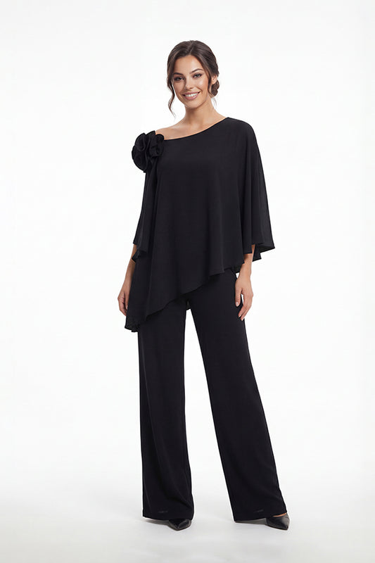 K288073 | Chic Stretch Soft Crepe Two Piece Pant Suit with Asymmetrical Neckline and Shoulder Flower