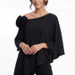 K288073 | Chic Stretch Soft Crepe Two Piece Pant Suit with Asymmetrical Neckline and Shoulder Flower