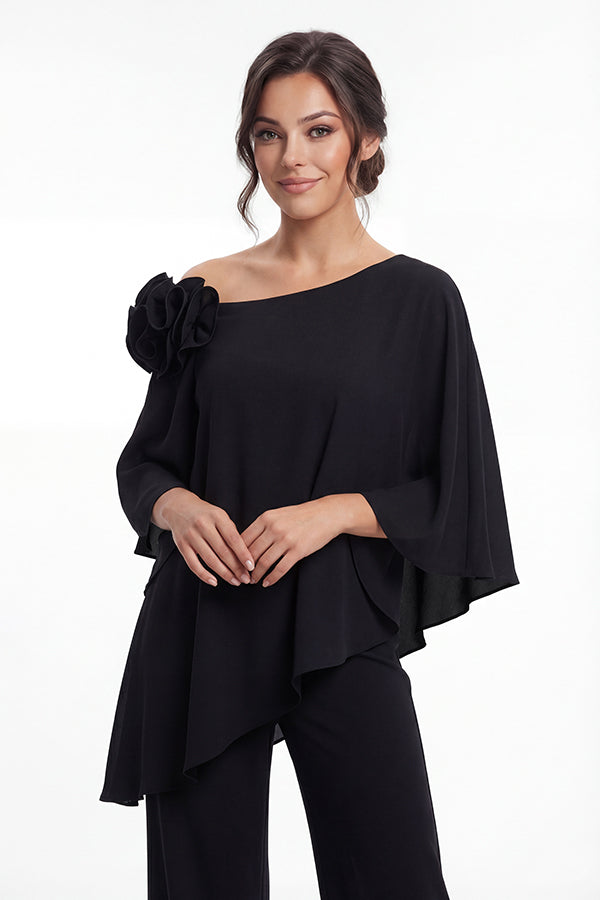 K288073 | Chic Stretch Soft Crepe Two Piece Pant Suit with Asymmetrical Neckline and Shoulder Flower