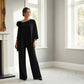 K288073 | Chic Stretch Soft Crepe Two Piece Pant Suit with Asymmetrical Neckline and Shoulder Flower