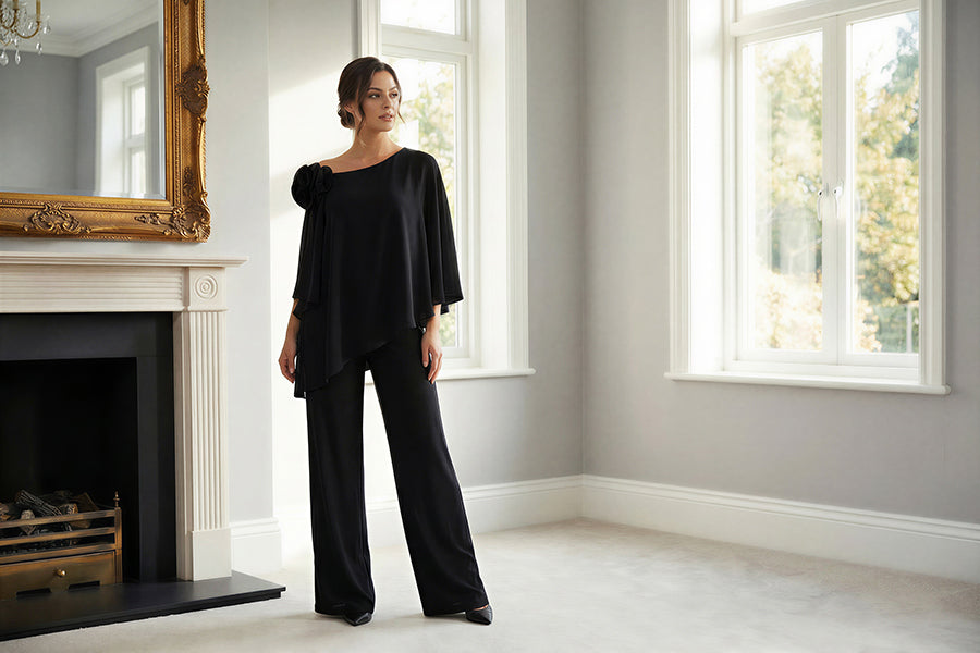 K288073 | Chic Stretch Soft Crepe Two Piece Pant Suit with Asymmetrical Neckline and Shoulder Flower