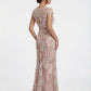 K288074 | Dramatic Beatrice Embroidery Lace A-line with Boat Neckline and Short Cap Sleeves