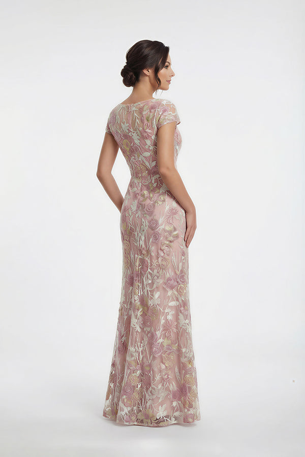 K288074 | Dramatic Beatrice Embroidery Lace A-line with Boat Neckline and Short Cap Sleeves