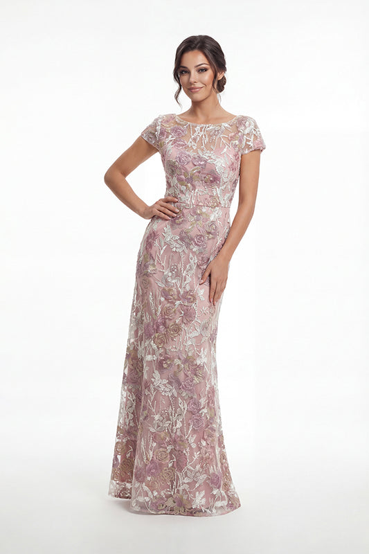 K288074 | Dramatic Beatrice Embroidery Lace A-line with Boat Neckline and Short Cap Sleeves