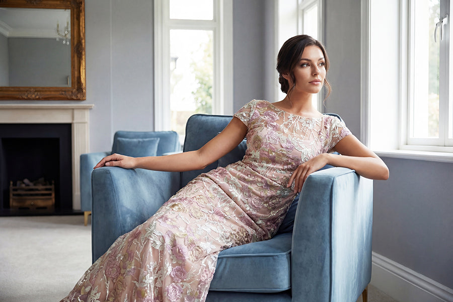 K288074 | Dramatic Beatrice Embroidery Lace A-line with Boat Neckline and Short Cap Sleeves