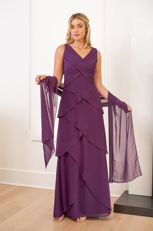 Long V-neck Chiffon MOB Dress with Shawl - J8807-999 FORMAL - MOB-FORMAL SOCIETY