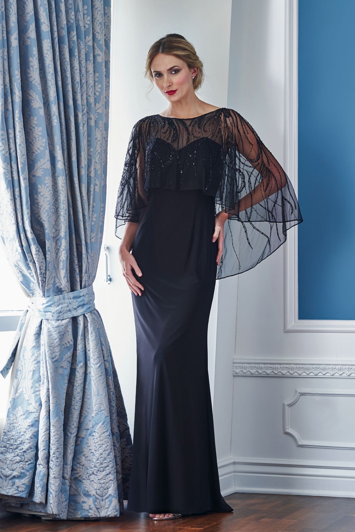 Matte Jersey MOB Dress with Beaded Cape & Boat Neckline - K218054-999 FORMAL - MOB-FORMAL SOCIETY