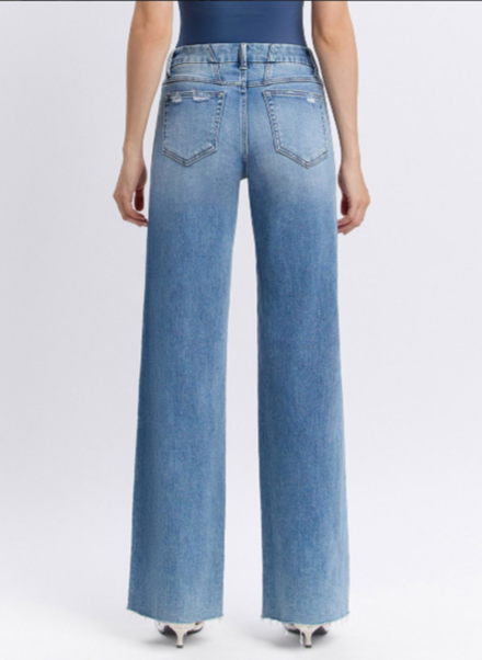 Mid Rise Medium Wash Clean Cut Raw Hem Wide Jeans