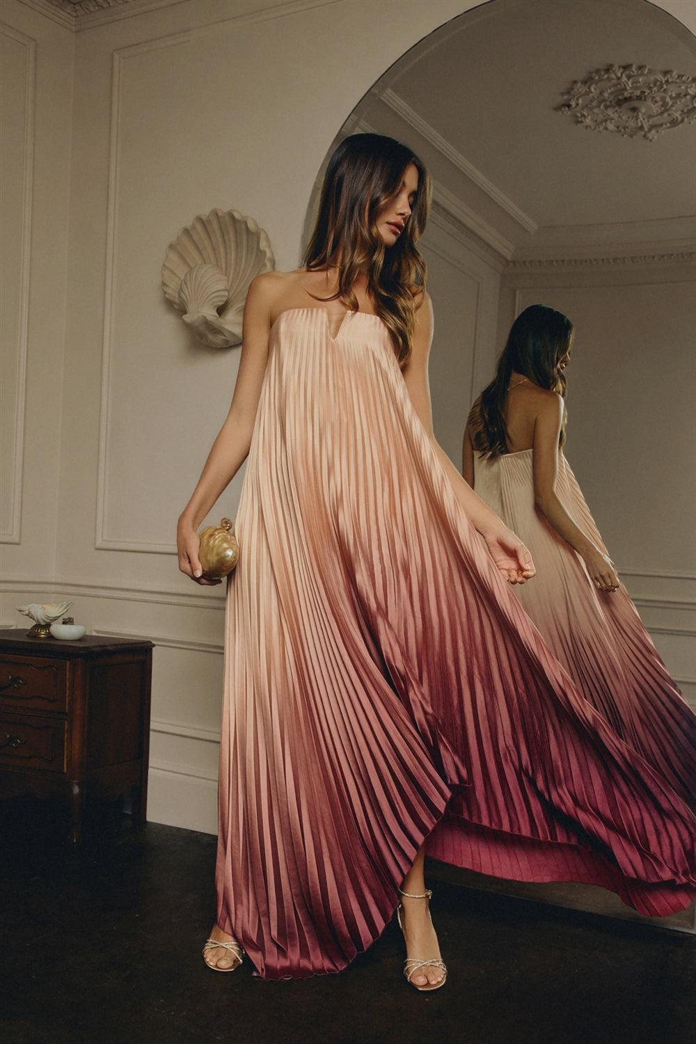 Ombre Strapless Pleated Maxi Column Dress
