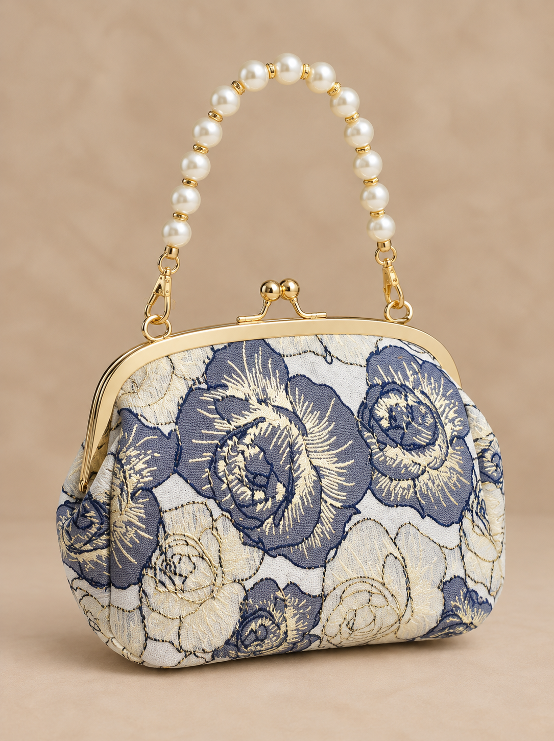 Navy Floral Pearl Brocade Evening Bag