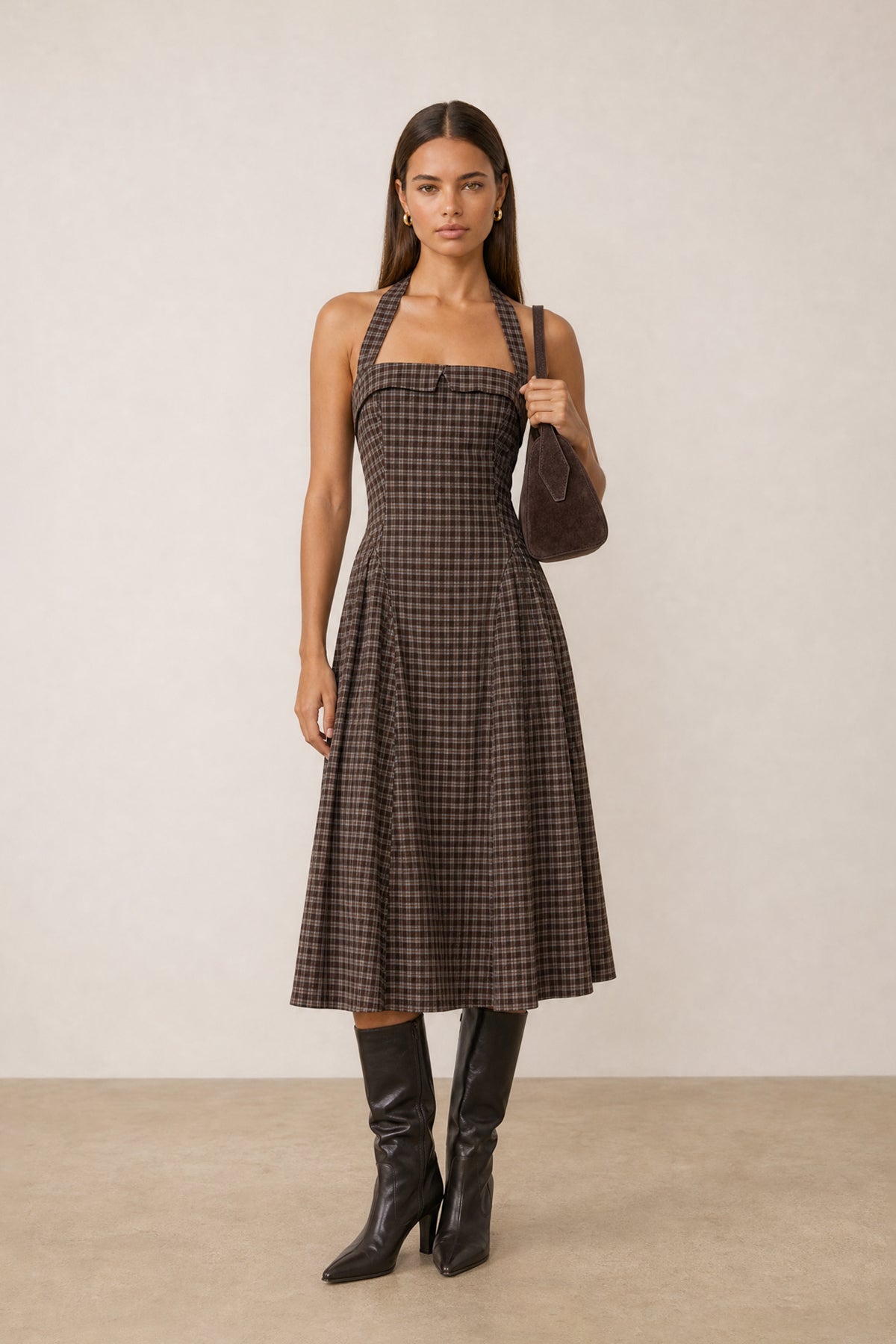 Plaid Halter Open Back Midi Dress