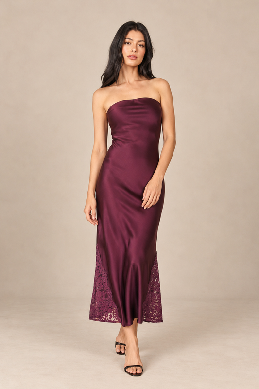 Satin Strapless Lace Hem Midi Dress