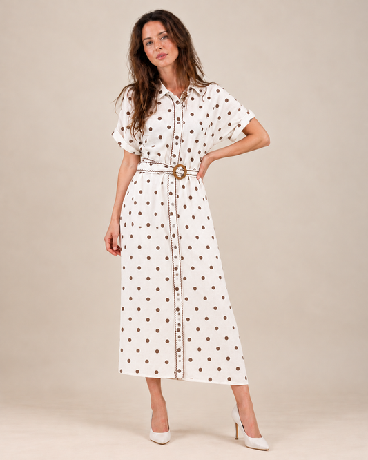 Linen Polka Dot Belted Dress