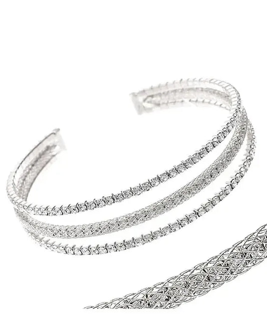 Rhinestone 3 Row Mesh Wire Cuff Bracelet-630 ACCESSORIES - BRACELET-FORMAL SOCIETY