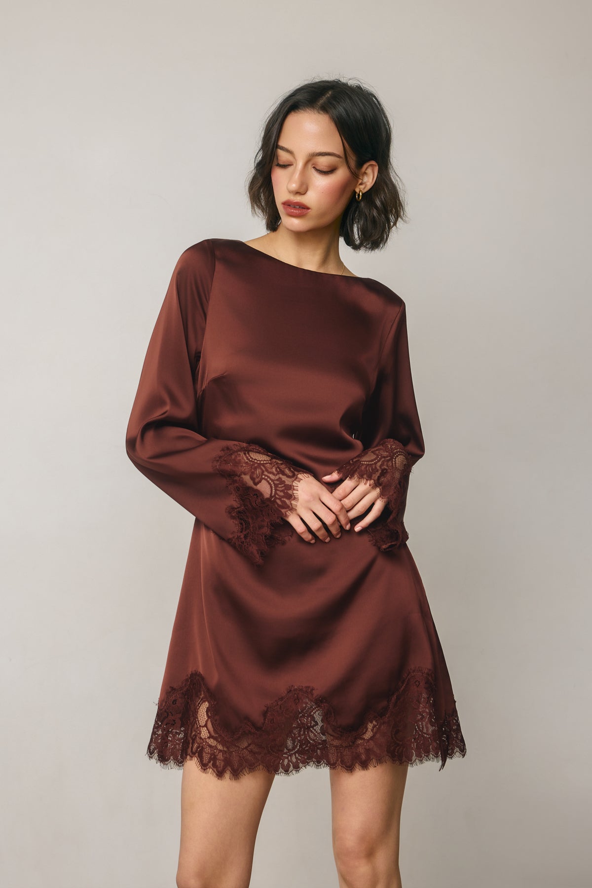 Satin & Lace Long Sleeve Mini Dress