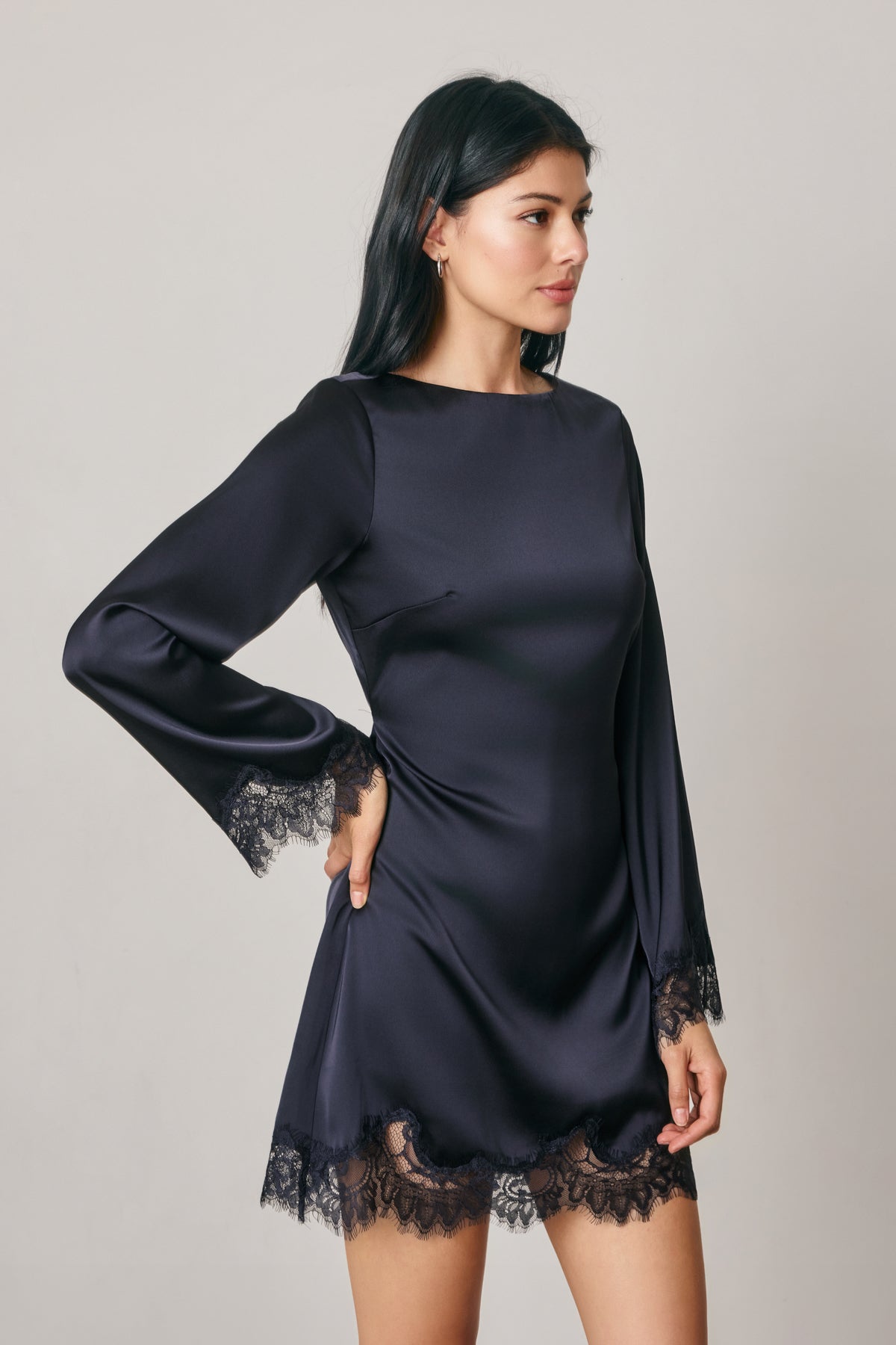 Satin & Lace Long Sleeve Mini Dress