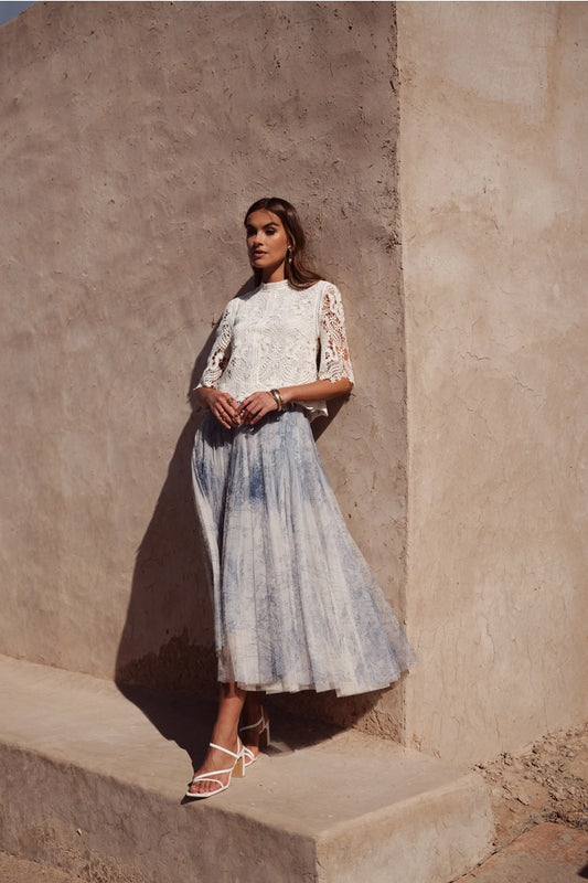 Blue Toile De Jouy Tulle Skirt
