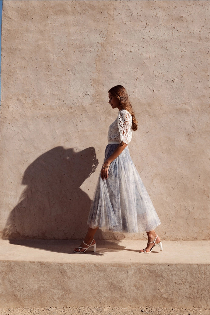 Blue Toile De Jouy Tulle Skirt