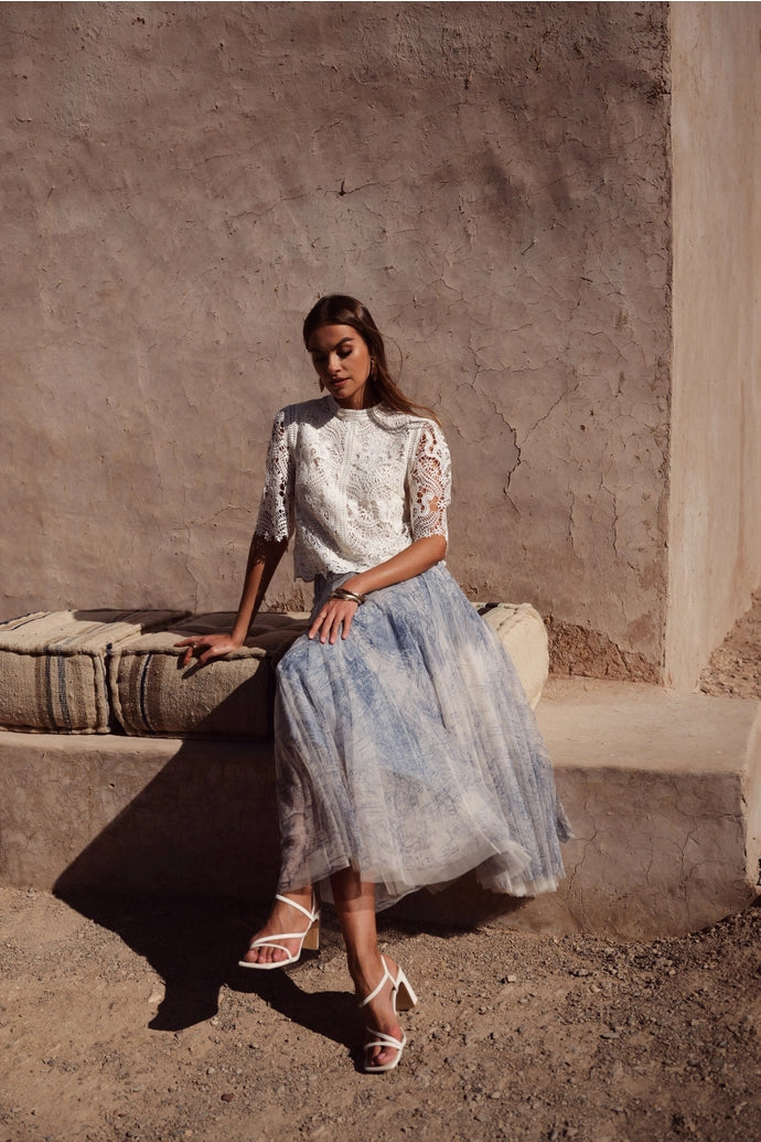 Blue Toile De Jouy Tulle Skirt