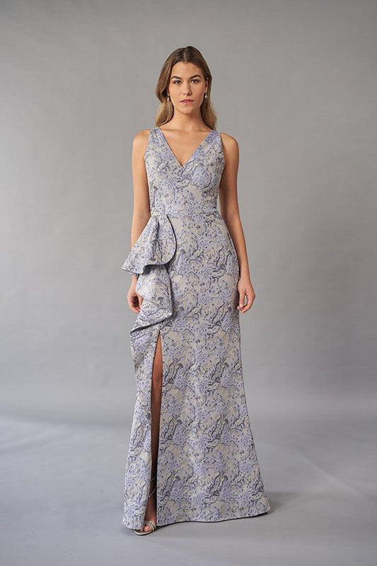 Stylish Florence Jacquard Fit and Flare Gown with Plunging V-Neckline and Fashion Forward Side Peplum-999 FORMAL - MOB-FORMAL SOCIETY