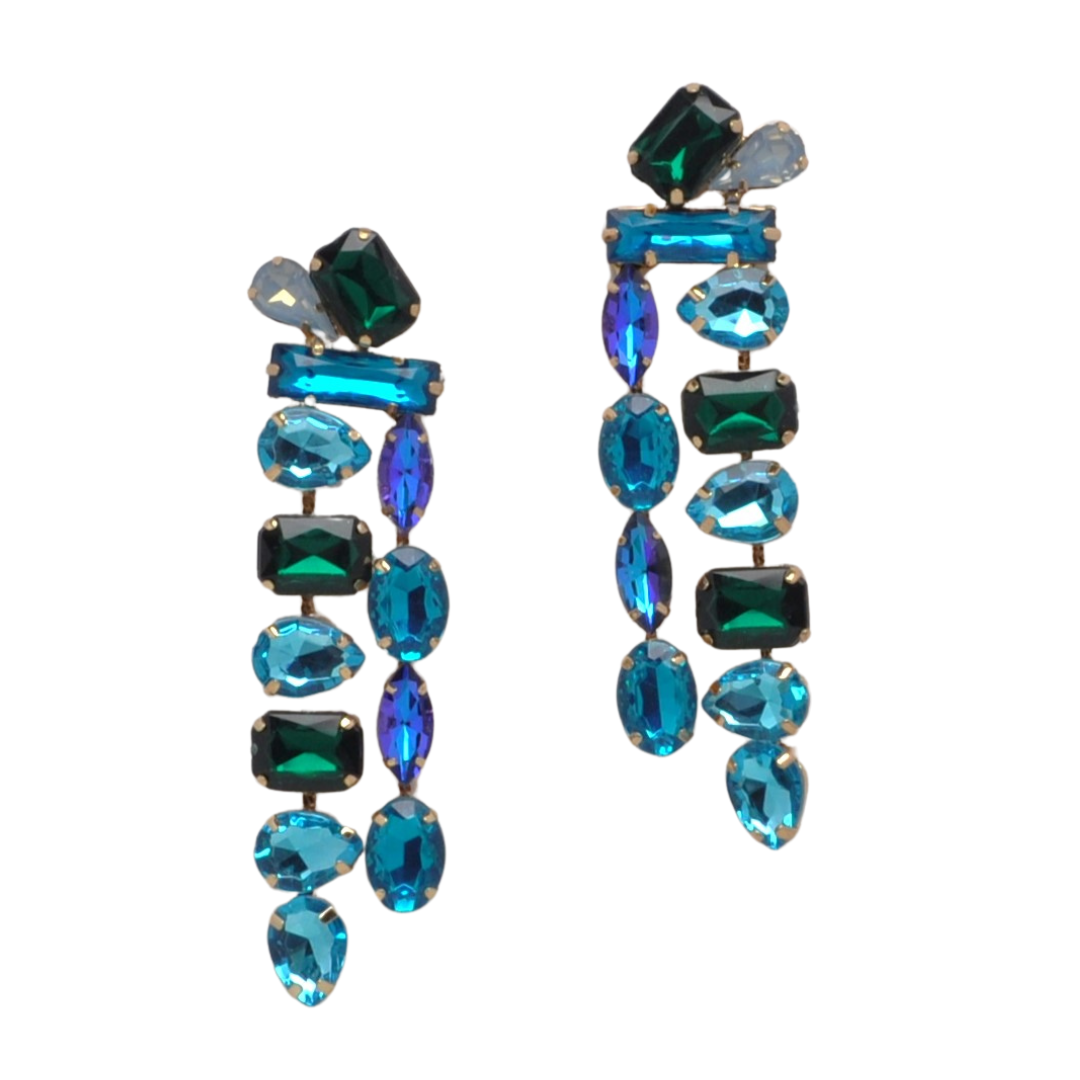 Teal Green Multi Crystal Dangle Earring-610 ACCESSORIES - EARRING-FORMAL SOCIETY