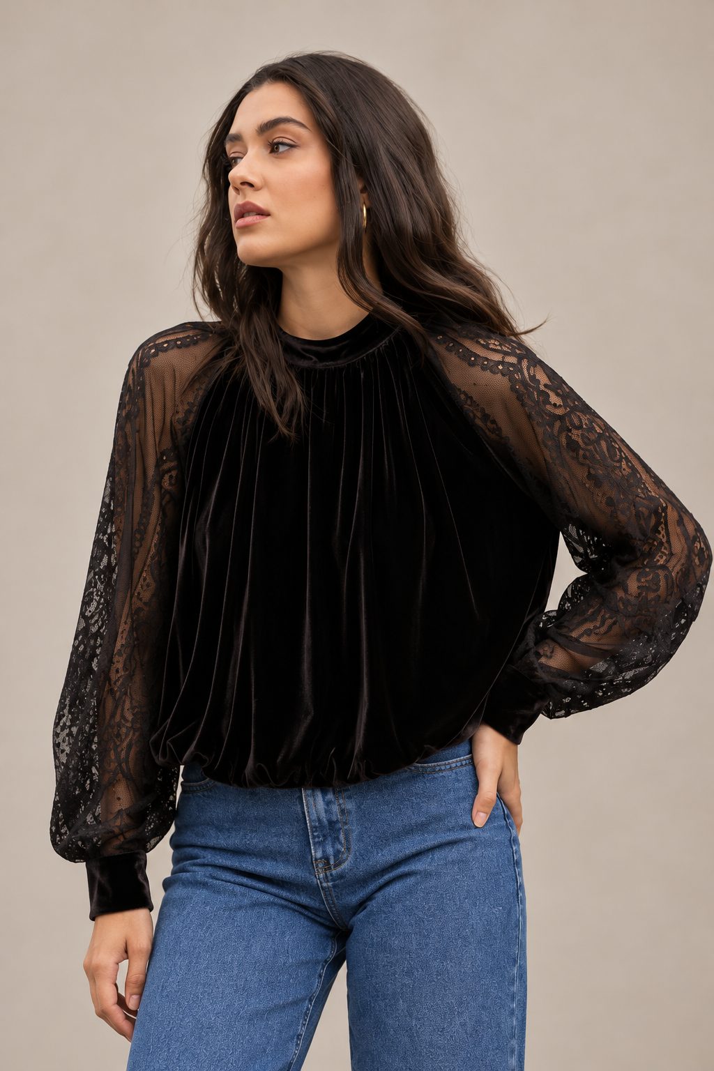 Velvet Lace Sleeve Blouse