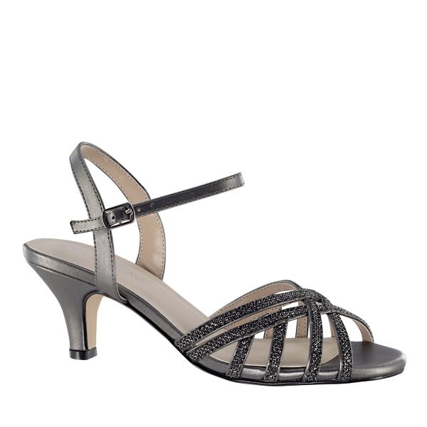 Strappy sandal with a 1.75 inch heel and is made out of a great synthetic shimmer pewter glitter material. 
