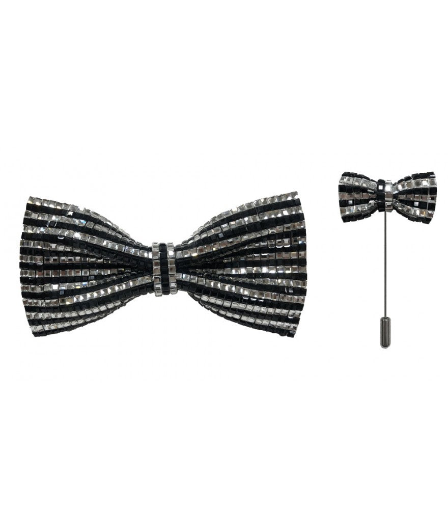 Black & Silver Crystal Bow Tie & Lapel Pin