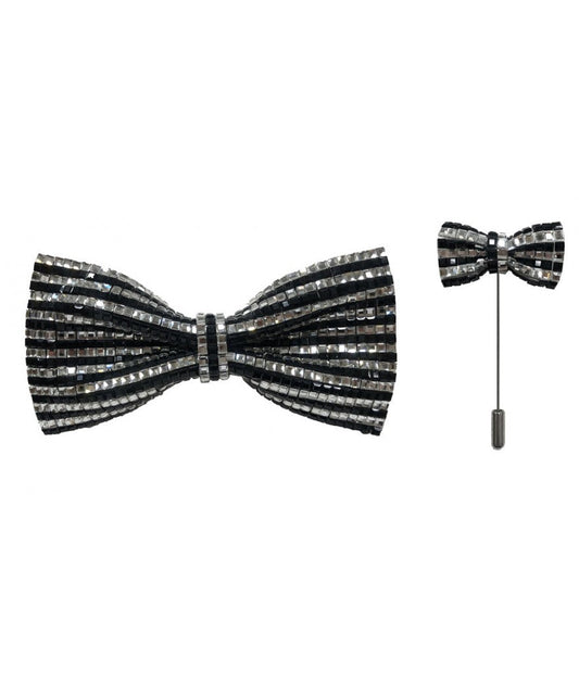 Black & Silver Crystal Bow Tie & Lapel Pin