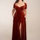 Custom Gown | Elegant A-Line Stretch Velvet Gown with Queen Anne Neckline and Short Sleeves